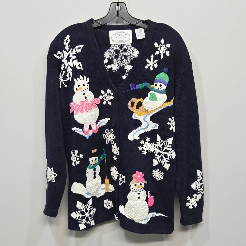 Vintage 1995 Eagles Eye Snowman Cardigan Sweater Medium Navy 3D Novelty Winter